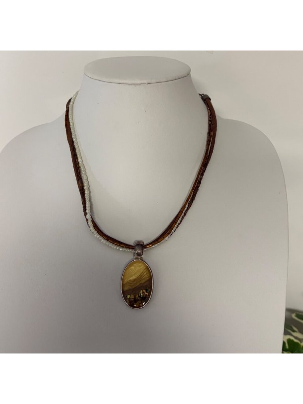 KC Beaded Multistrand Necklace Resin Pendant Earthy Tones Accents Adjustable